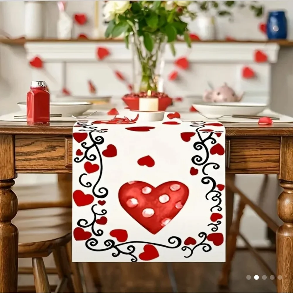 Table Runner 36 in x 13 in White with Red Hearts